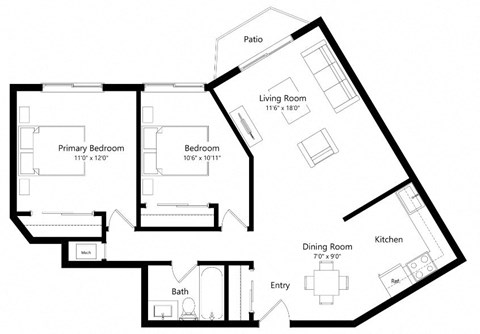 Floor plan for 2 beds, 1 bath, 838 sqft